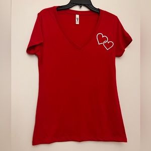 Brand new Women’s Custommade Red T-shirt with White Hearts. Size: Large (L)